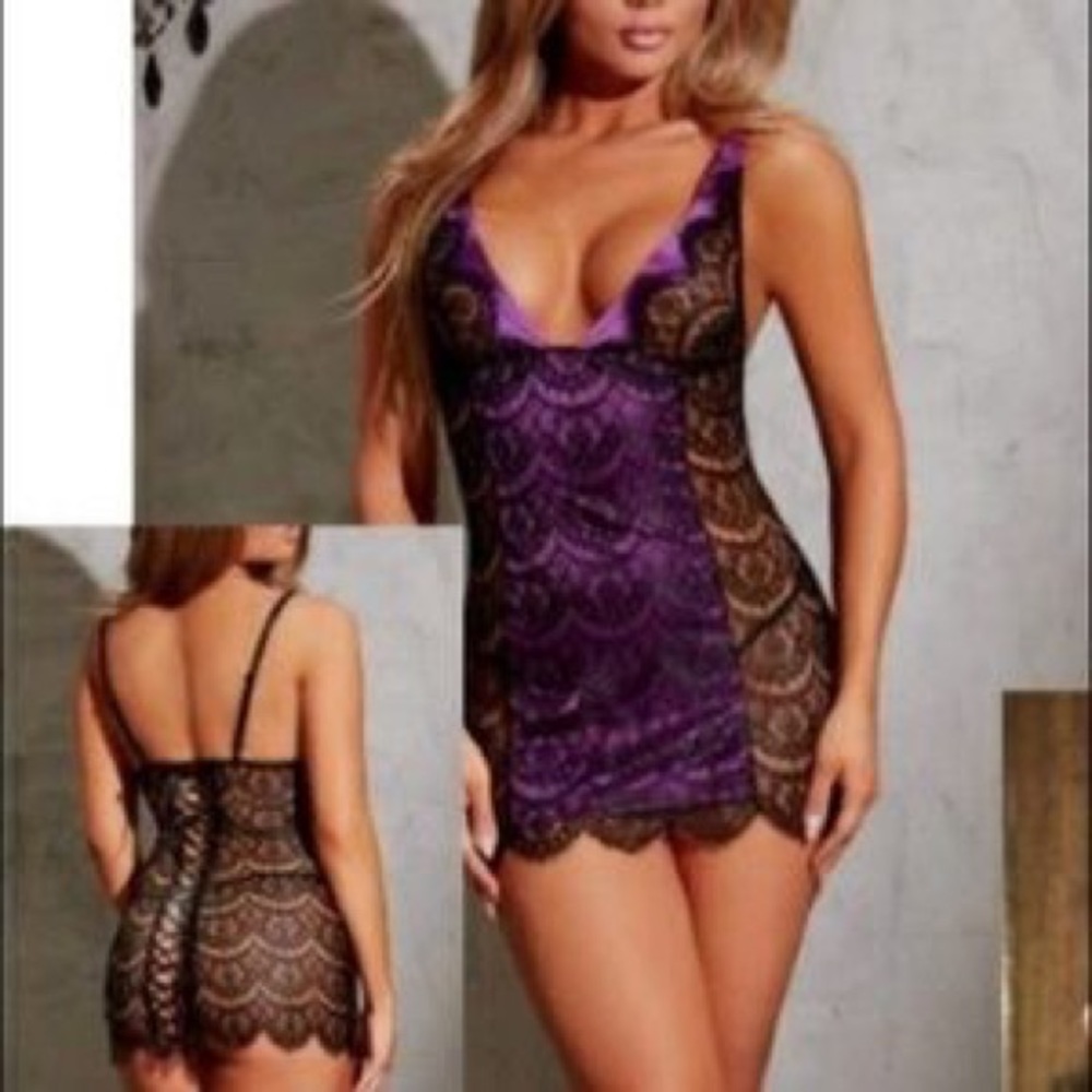 New! Pure Romance - Black & Purple Lace Chemise